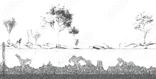 Stylized monochrome landscape with trees and textured ground vector