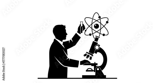Silhouette of a scientist performing laboratory research, using a microscope and atom model, symbolizing scientific discovery and the pursuit of knowledge