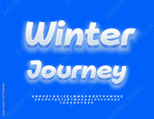 Vector Snow emblem Winter Journey. Dynamic White Font. Joyful 3D Alphabet Letters and Numbers set.