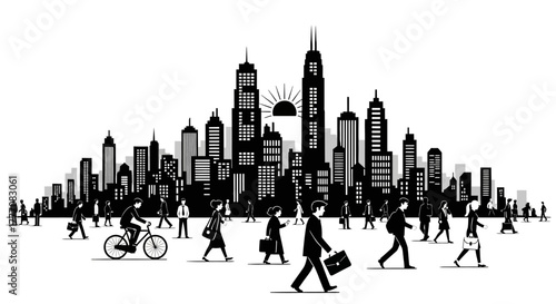 Black and white vector illustration of a modern city life concept with business people commuting against a skyscraper skyline