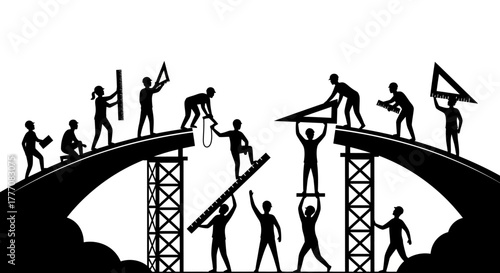 Creative team building a bridge, symbolizing collaboration, unity, and shared goals in a project