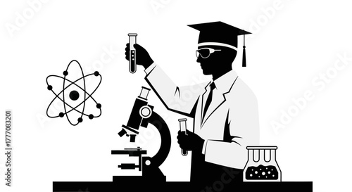 Scientist in Laboratory Conducting Experiments and Scientific Research with Microscope and Atom Diagram