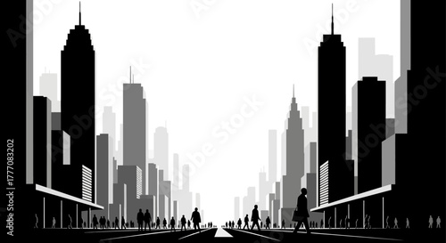 Urban Metropolis Silhouette A Striking Black and White Cityscape Illustration for Design Projects