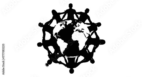 Global unity and togetherness depicted by a circle of diverse people holding hands around the Earth, symbolizing cooperation and shared humanity