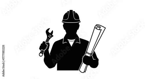 Engineering and Construction Icon Silhouette of an Engineer with a Wrench and Blueprint, Perfect for Design