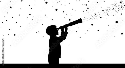 Silhouetted child explores the night sky with a telescope, igniting dreams of cosmic discovery and boundless imagination amidst a shower of stars, symbolizing potential