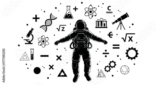 An astronaut floats among a constellation of icons representing science, mathematics, and education, symbolizing the pursuit of knowledge through space exploration