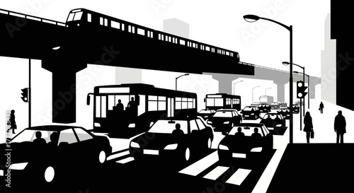 Urban Transportation A Monochrome Depiction of Trains, Buses, and Cars in a Busy Cityscape