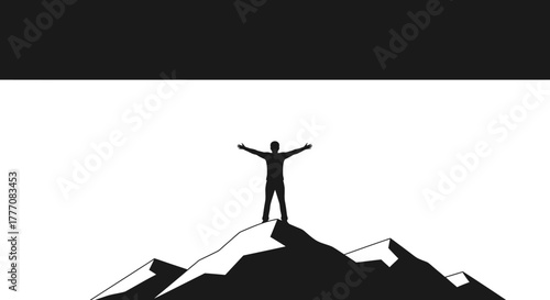A minimalist silhouette of a triumphant person with arms raised standing on a mountain peak, symbolizing success, freedom, and achievement