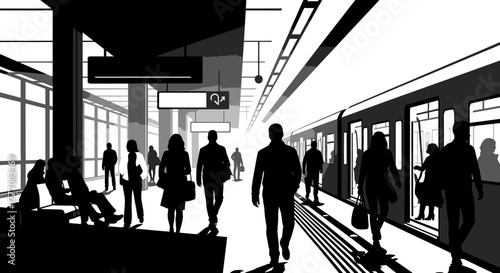 Black and White Illustration of People at a Train Station Platform in a Modern City Environment