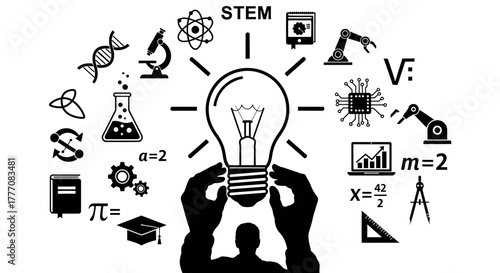 Illuminating Ideas Hands Holding a Bright Light Bulb Surrounded by STEM Symbols