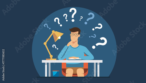 A stylized illustration depicting a man immersed in deep thought, surrounded by various question marks, representing contemplation, problem-solving, or the challenge of finding answers