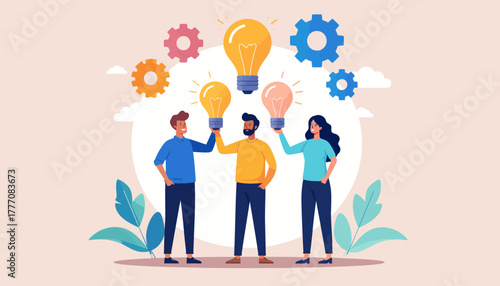 Teamwork and brainstorming concept, people holding light bulbs symbolizing ideas and collaboration