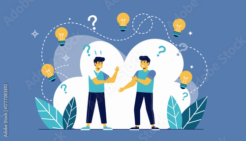 Two men discussing, brainstorming new ideas and solving problems. Lightbulbs and question marks symbolize innovation and thoughtful collaboration