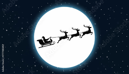 Silhouette of Santa Claus and reindeer flying a sleigh across a bright full moon in a starry night sky, embodying holiday magic and the enchanting spirit of festive deliveries