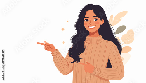 Smiling young woman points to the left, enthusiastically presenting new information or a significant option with a friendly and inviting gesture, ideal for announcements