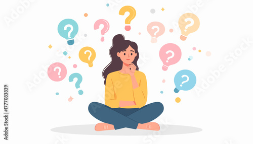 Pensive woman surrounded by colorful question marks, deeply immersed in thought, brainstorming new ideas, analyzing problems, or seeking insightful solutions for life's challenges and decisions