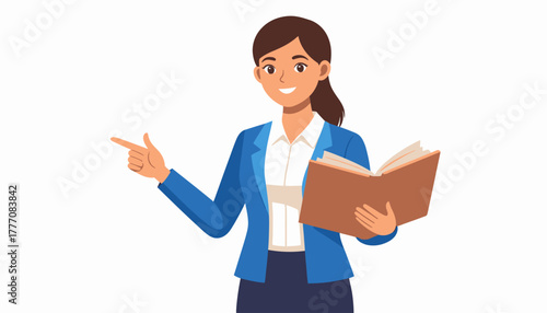 Illustration of a confident female teacher or businesswoman holding an open book and pointing with her left hand