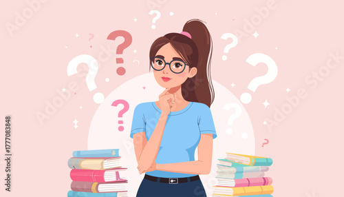Confused Student with Books Surrounded by Question Marks