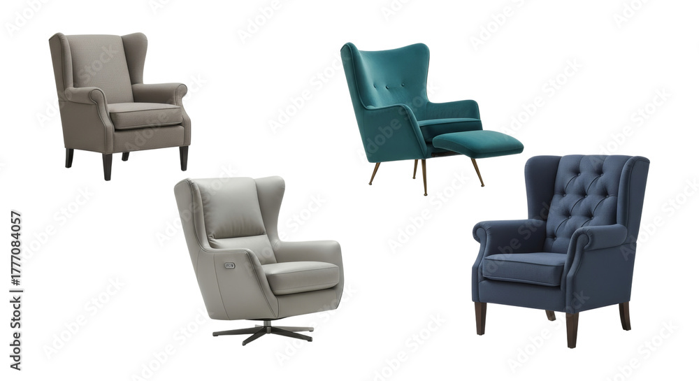 Fototapeta premium Isolated collection of stylish wingback chairs for diverse interior design