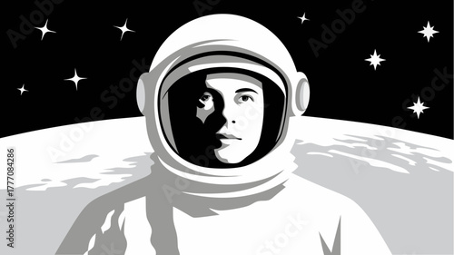 Astronaut on the Moon with Stars, a minimalist vector illustration celebrating space exploration and human achievement, a bold and graphic design