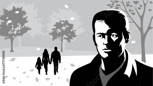 Thoughtful man with family strolling in park, evokes reflection and connection, perfect for contemplative themes and family values, vector art