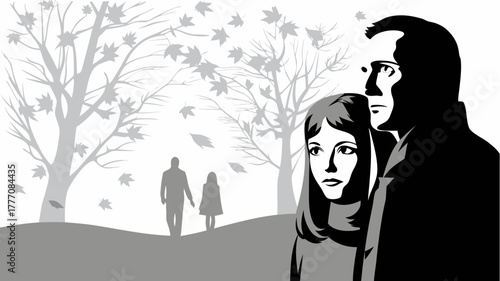 Introspective family portrait with autumn leaves blowing creates a sense of reflection, a man, woman, and two distant figures in a poignant scene