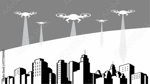 Futuristic city skyline under drone surveillance or delivery network, showcasing urban innovation and advanced technology in a modern, scalable design