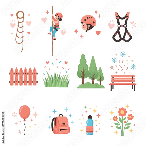 A collection of illustrated elements depicting outdoor activities, equipment, and nature scenes.