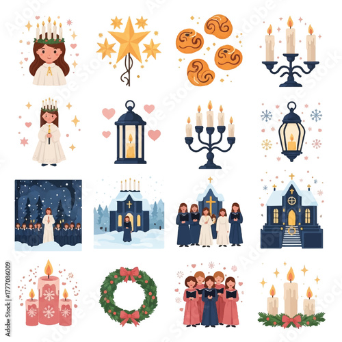 Festive illustrations depicting Saint Lucia, candles, baked goods, and winter holiday elements.