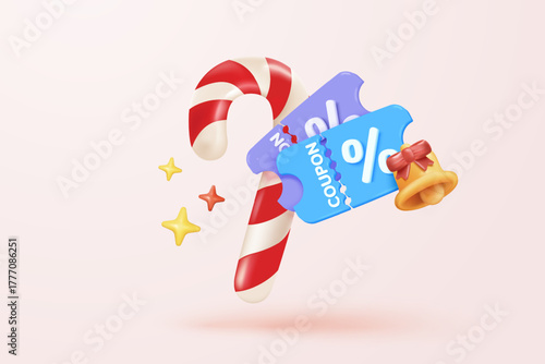 3d confetti spiral icon signs for surprise on new year with tag price notice for discount coupon. Special offer promotion on christmas holiday with notice reminder. 3d icon vector render illustration