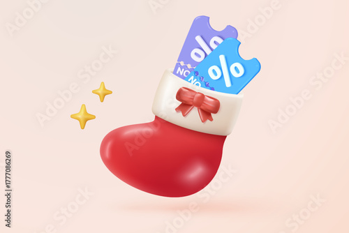 3d confetti spiral icon signs for surprise on new year with tag price notice for discount coupon. Special offer promotion on christmas holiday with notice reminder. 3d icon vector render illustration