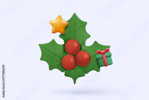 3d christmas and New Year background. Xmas pine fir lush with gift box. Christmas tree green and red color. Snowflakes hanging on ribbon. 3d tree icon signs vector render illustration