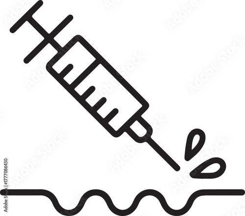 Medical syringe injecting liquid into wavy surface icon