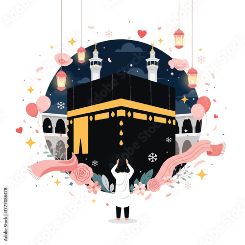 A stylized illustration of the Kaaba in Mecca with a worshiper, lanterns, and decorative elements.