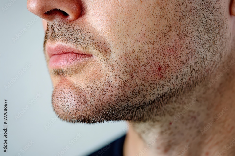 Fototapeta premium Close up view of a man's facial skin and short beard.