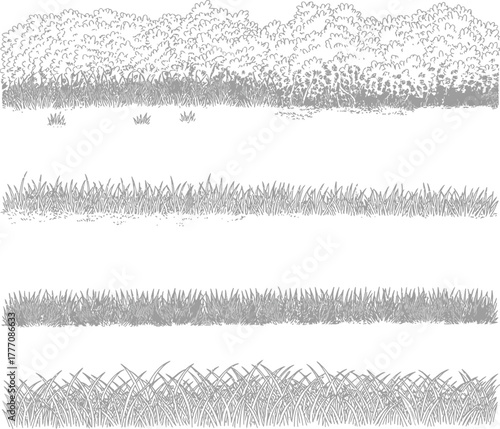 Grayscale vector outline set of varied grass and shrub borders