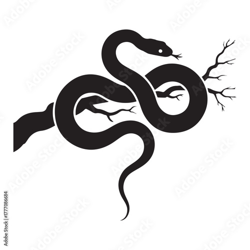 Black snake coiled on a tree branch