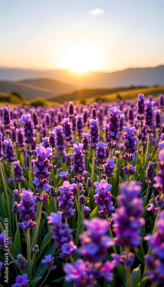 Fototapeta premium Stunning Lavender Field at Sunset with Vibrant Purple Flowers and Soft Light over Rolling Hills in Background