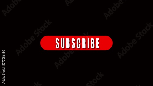 Red Rounded Rectangle Button with animation White Text SUBSCRIBE on Black Background. Animated red rounded button highlights white subscribe text producing striking black background interface .
