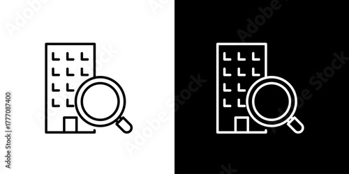 Outline icon of a building with a magnifying glass, symbolizing comprehensive property search, real estate, office location, and market research discovery