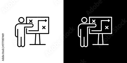 Single icon of business professional explaining strategic planning and tactical moves on a whiteboard, outlining objectives and success paths for organizational growth