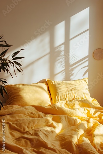Yellow bedding with sunlight and shadow patterns bedroom