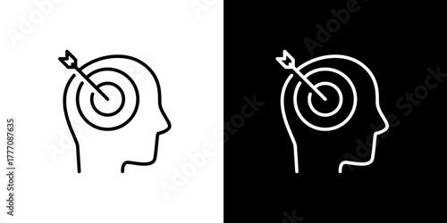 Targeted thinking Illustrative outline icon  of a head with a bullseye, achieving focus and precision