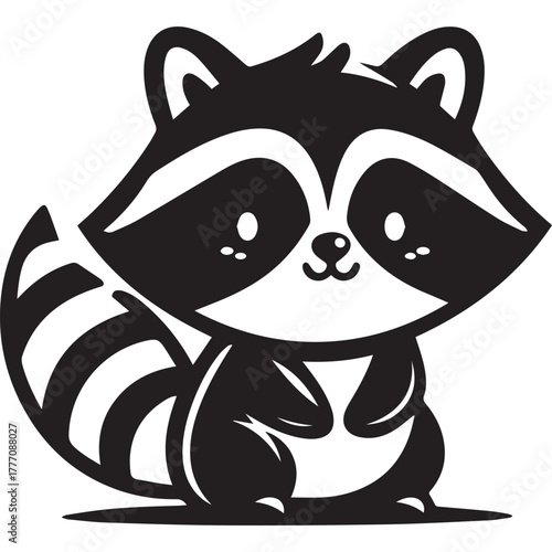 cute raccoon black shape icon silhouette vector flat illustration design on white background