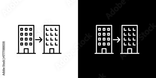 Business merger or acquisition concept showing two buildings with arrow, icon symbol