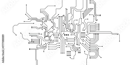 Circuit technology background with hi-tech digital data connection system and computer electronic design. Black and white circuit board seamless background