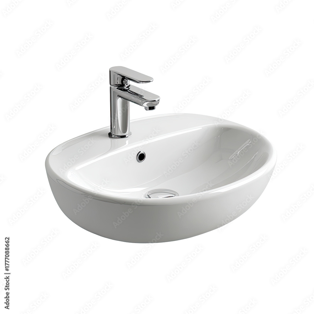 Fototapeta premium A pristine white, oval-shaped ceramic basin with a chrome faucet on a black background