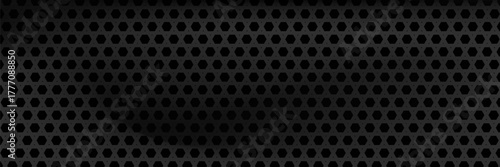 3D Black metal texture steel background. Perforated sheet metal. Realistic black metalic texture