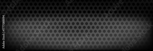 3D Black metal texture steel background. Perforated sheet metal. Realistic black metalic texture